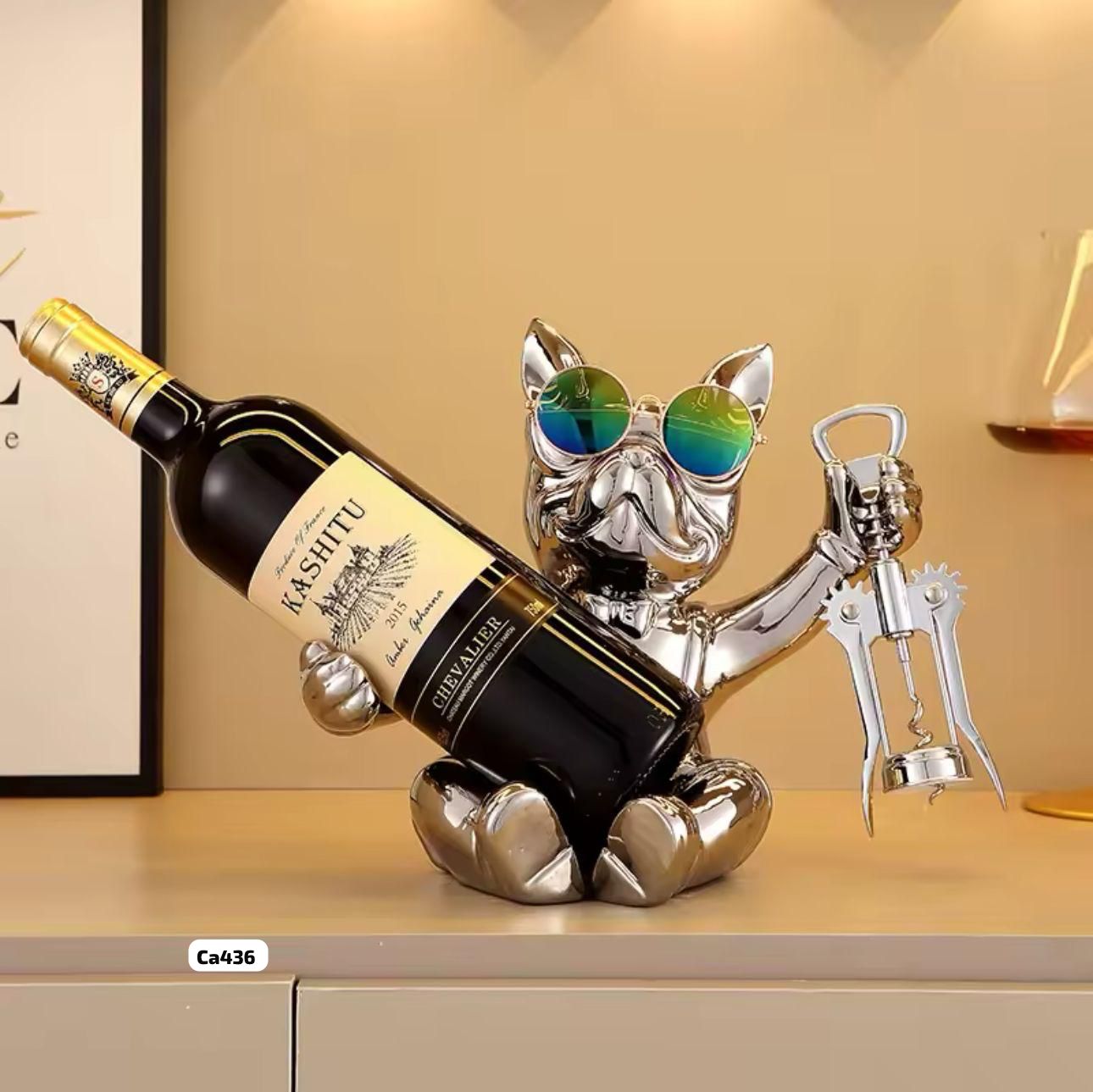Articulo decorativo porta vino perro plateado sentado 25cm* 18cm* 21cm